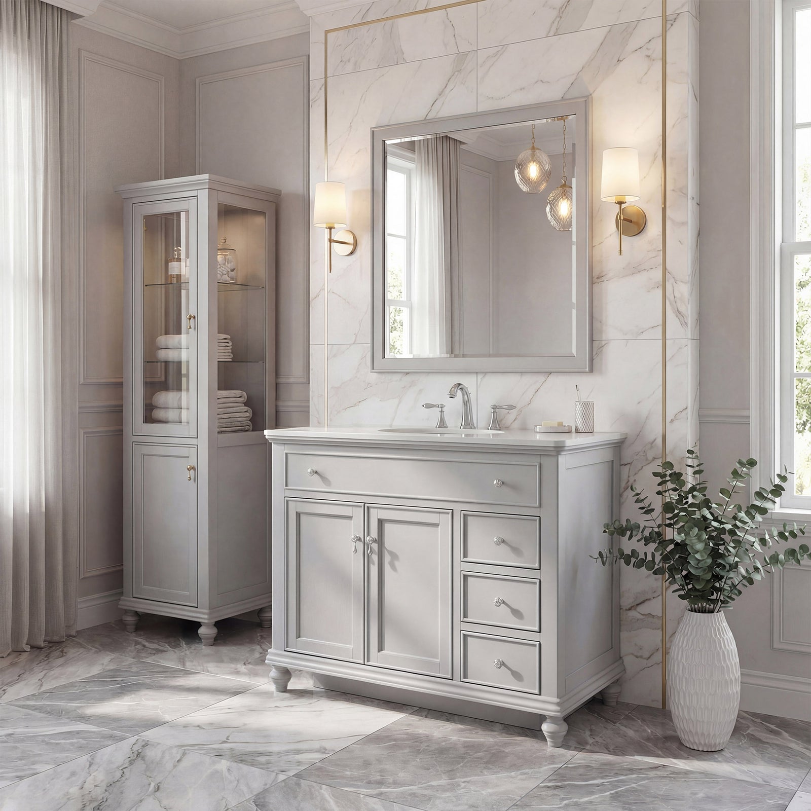 42 Inch Single Bathroom Vanity In Light Grey With Ivory White Marble - View 2 - Joshua Marshal