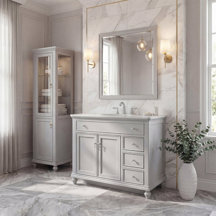 42 Inch Single Bathroom Vanity In Light Grey With Ivory White Marble - View 2 - Joshua Marshal