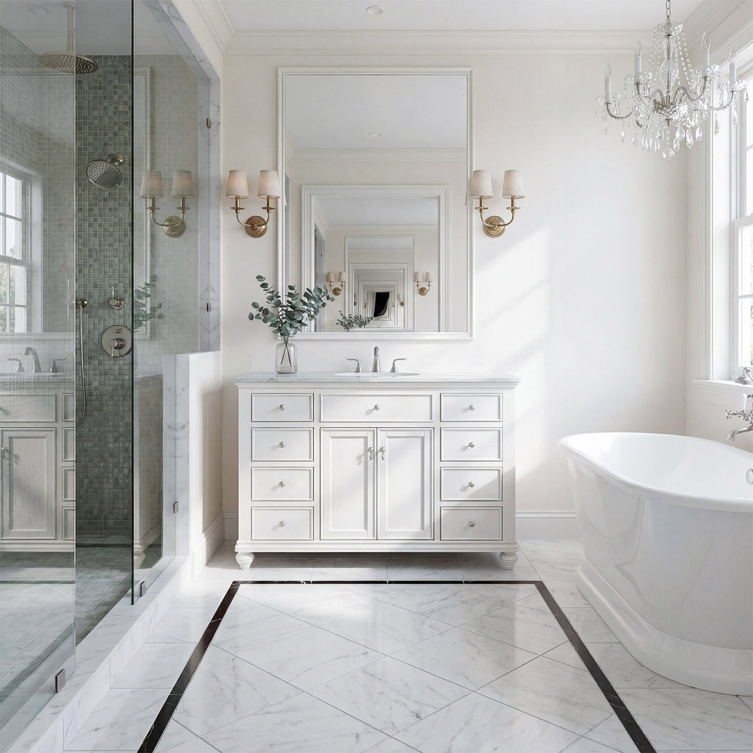 48 Inch Single Bathroom Vanity In Antique White With Ivory White Marble - View 2 - Joshua Marshal