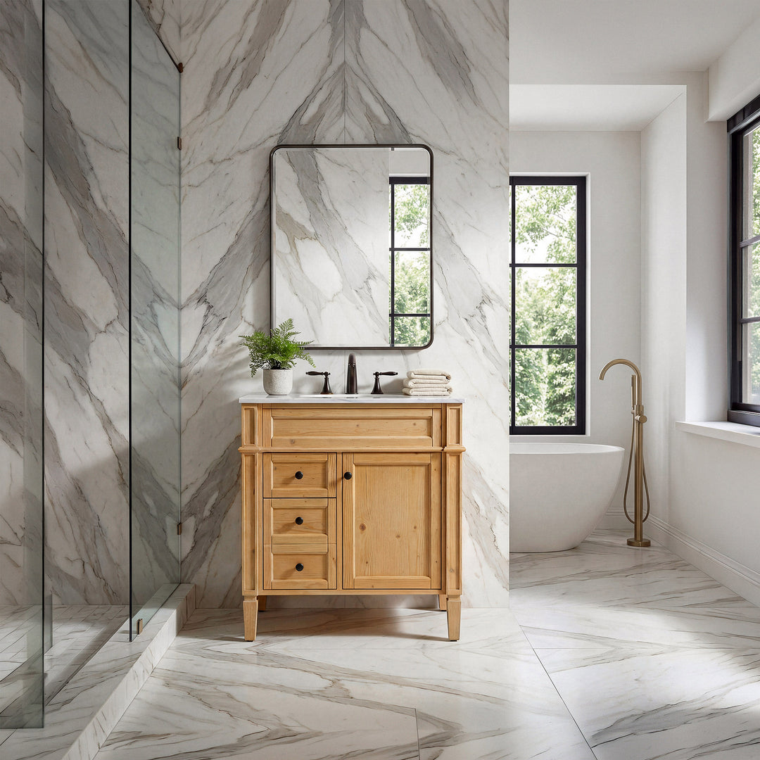 32 Inch Single Bathroom Vanity In Natural Wood - View 2 - Joshua Marshal