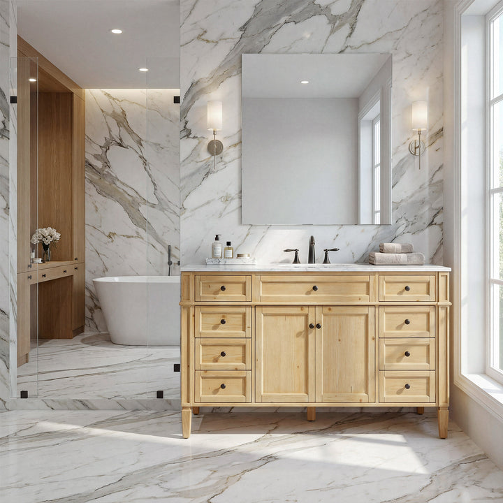 60 Inch Single Bathroom Vanity In Natural Wood - View 2 - Joshua Marshal