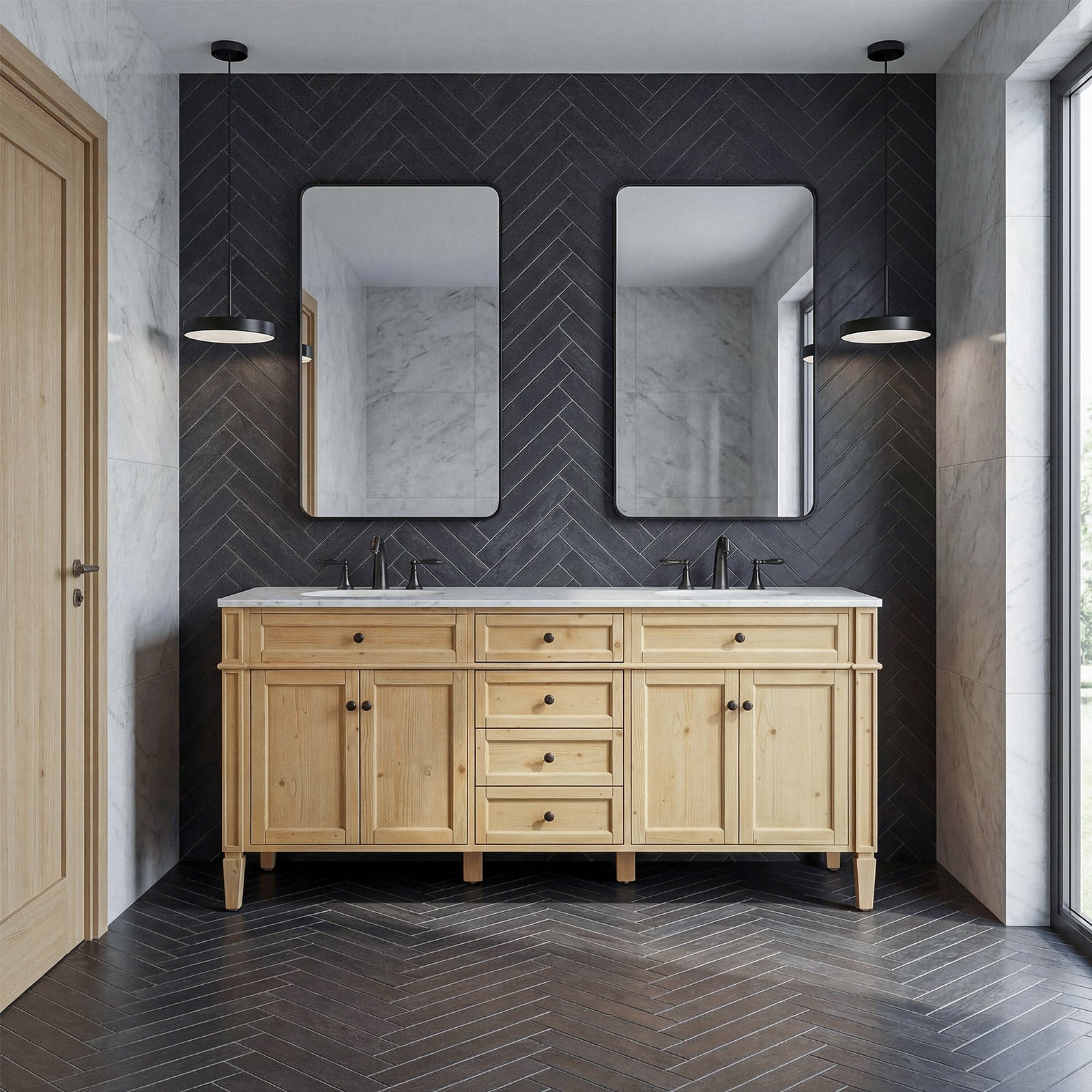 72 Inch Double Bathroom Vanity In Natural Wood - View 2 - Joshua Marshal