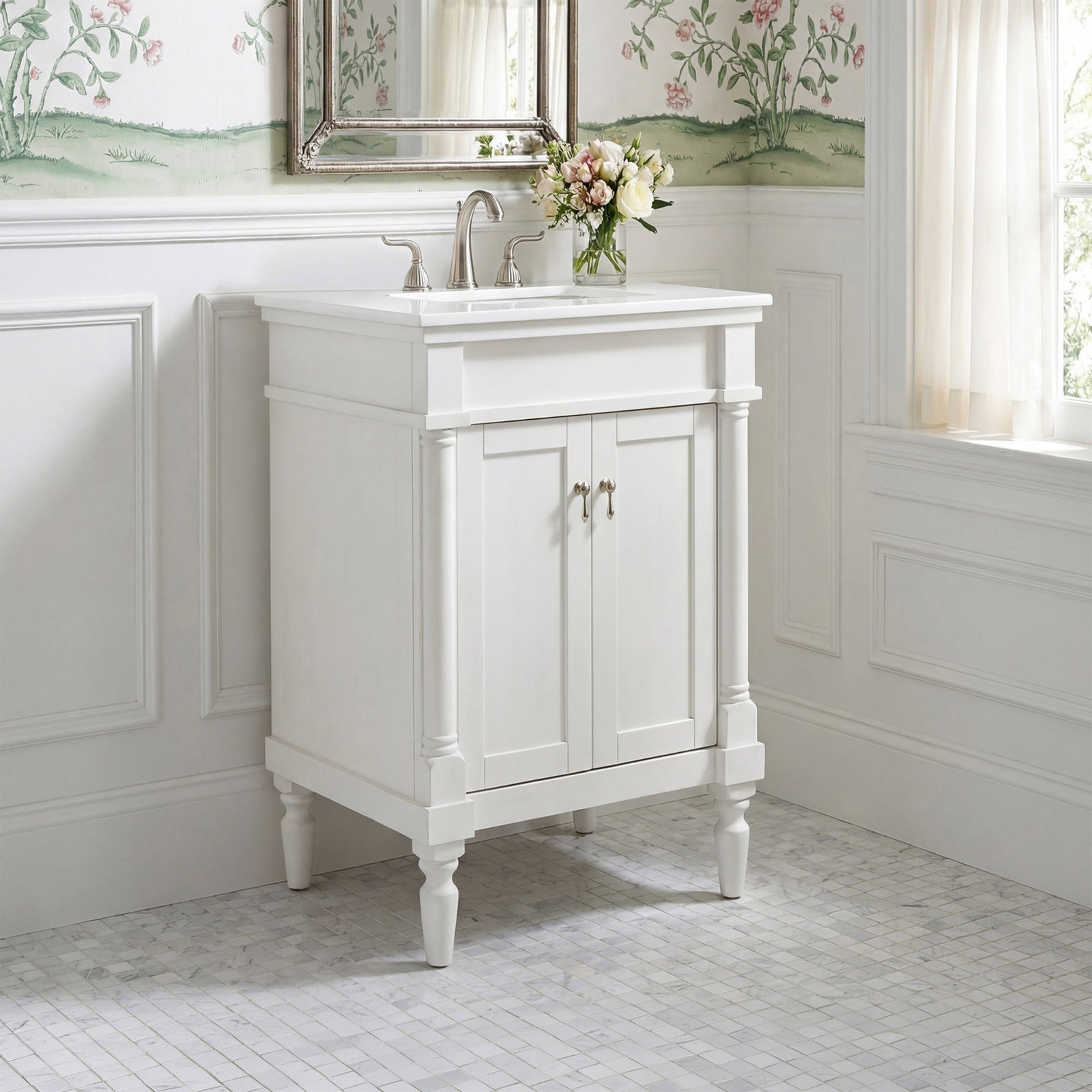 24 Inch Single Bathroom Vanity In Antique White With Ivory White Marble Antique White Finish - KITCHEN & BATH by Joshua Marshal