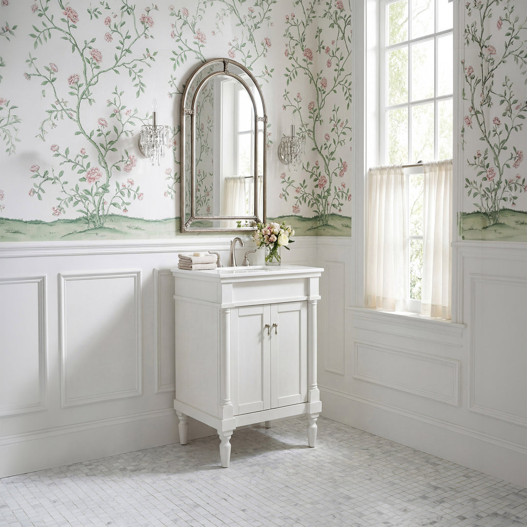 24 Inch Single Bathroom Vanity In Antique White With Ivory White Marble - View 2 - Joshua Marshal