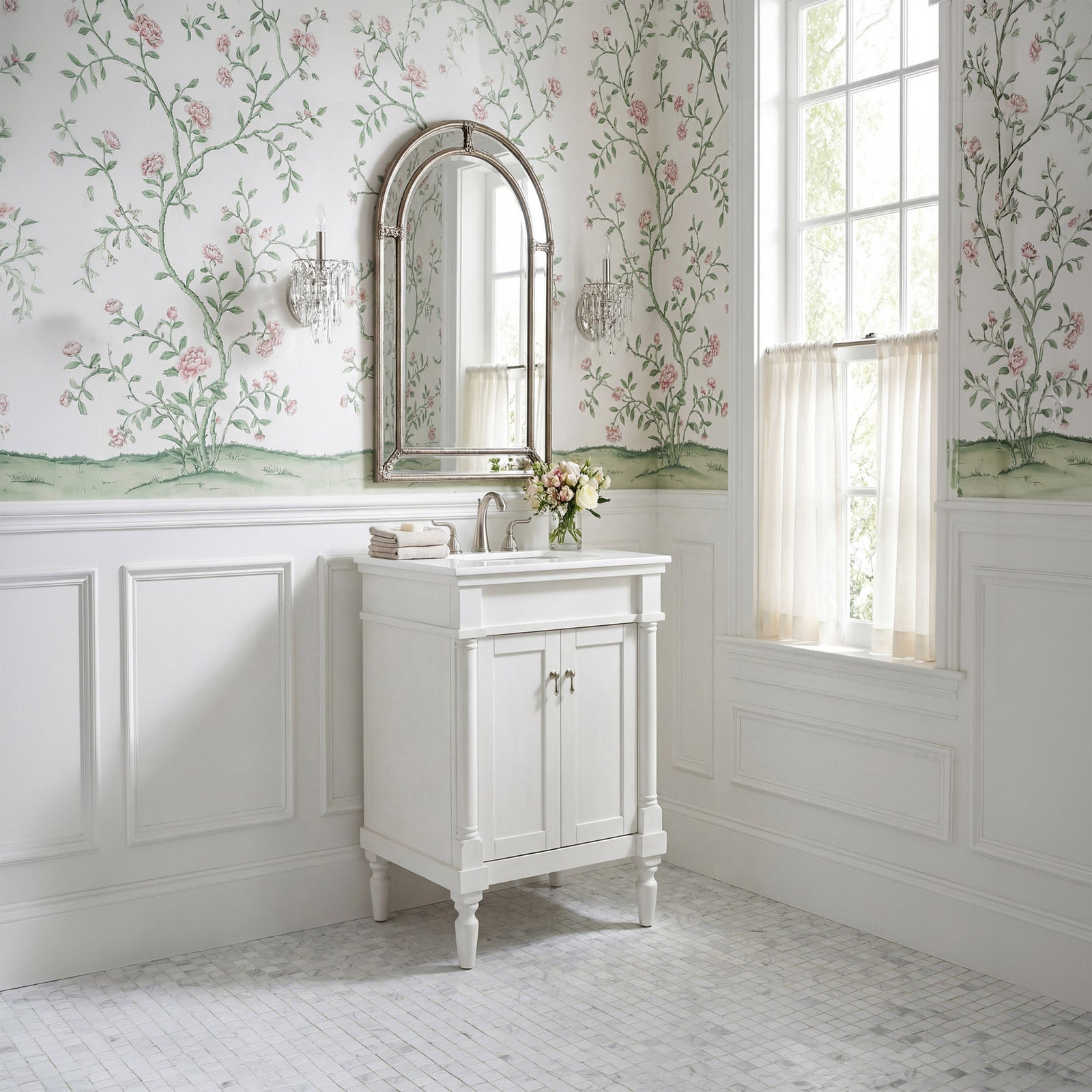 24 Inch Single Bathroom Vanity In Antique White With Ivory White Marble - View 2 - Joshua Marshal