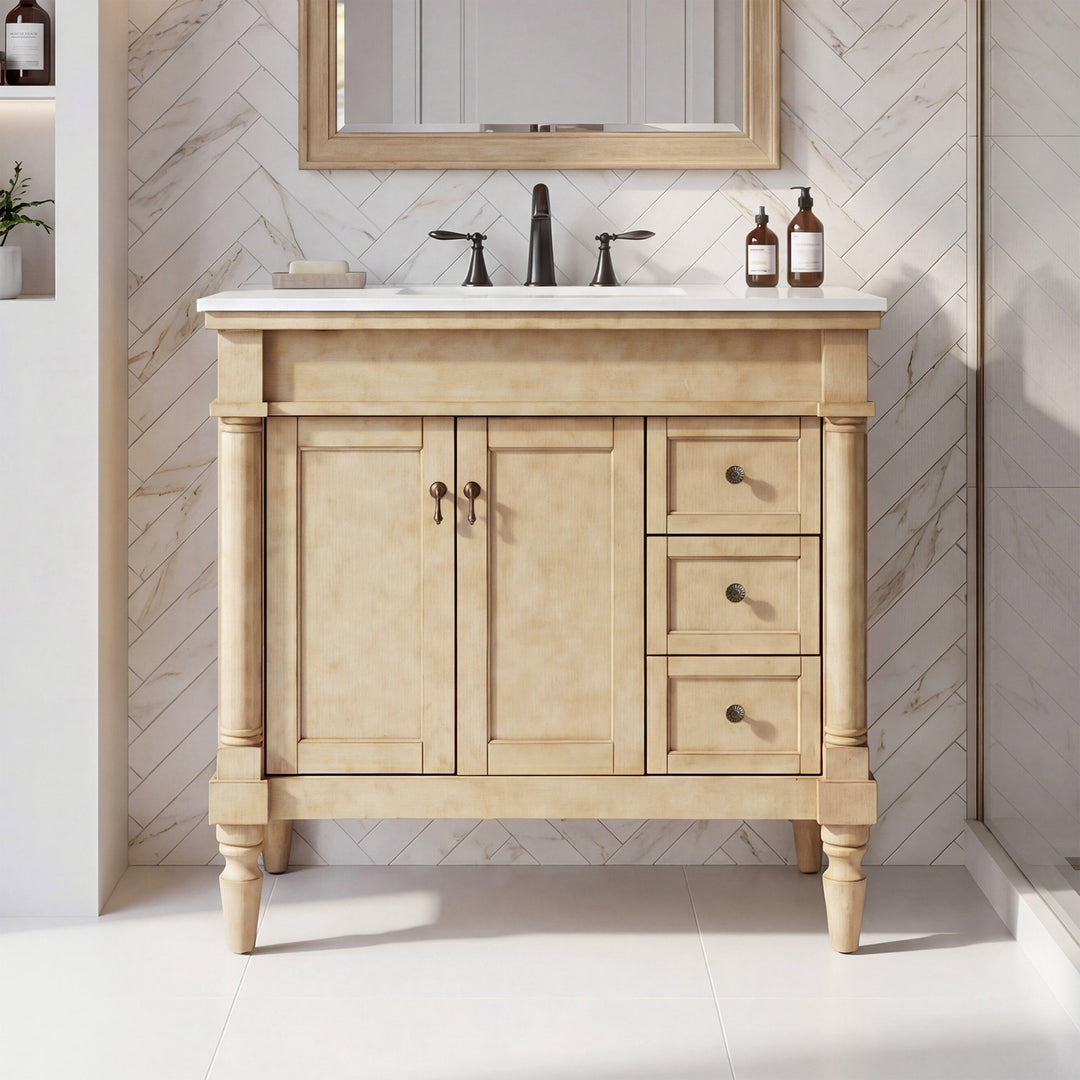 36 Inch Single Bathroom Vanity In Antique Beige With Ivory White Marble Antique Bronze Finish - KITCHEN & BATH by Joshua Marshal