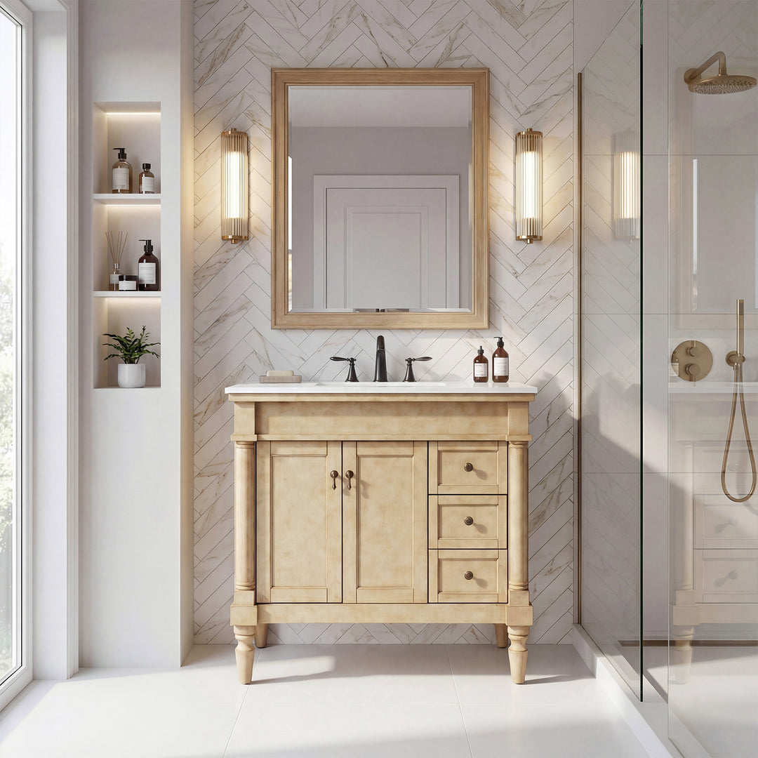 36 Inch Single Bathroom Vanity In Antique Beige With Ivory White Marble - View 2 - Joshua Marshal