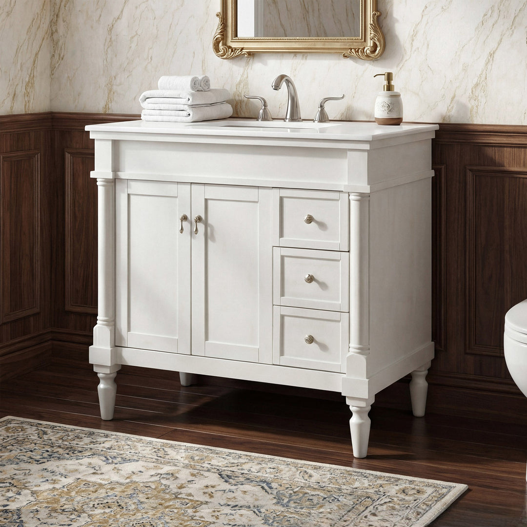 36 Inch Single Bathroom Vanity In Antique White With Ivory White Marble Antique White Finish - KITCHEN & BATH by Joshua Marshal