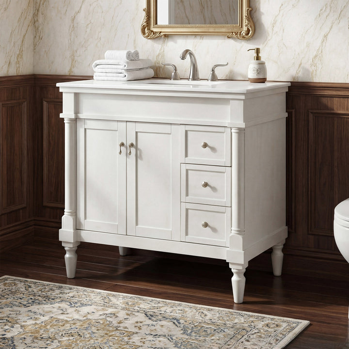 36 Inch Single Bathroom Vanity In Antique White With Ivory White Marble Antique White Finish - KITCHEN & BATH by Joshua Marshal