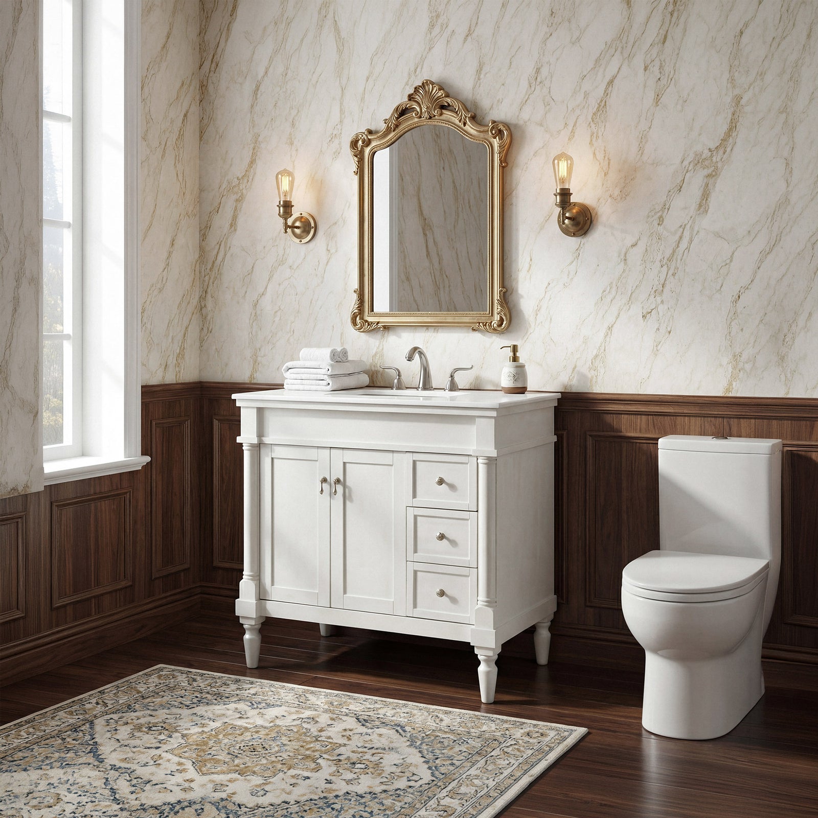 36 Inch Single Bathroom Vanity In Antique White With Ivory White Marble - View 2 - Joshua Marshal