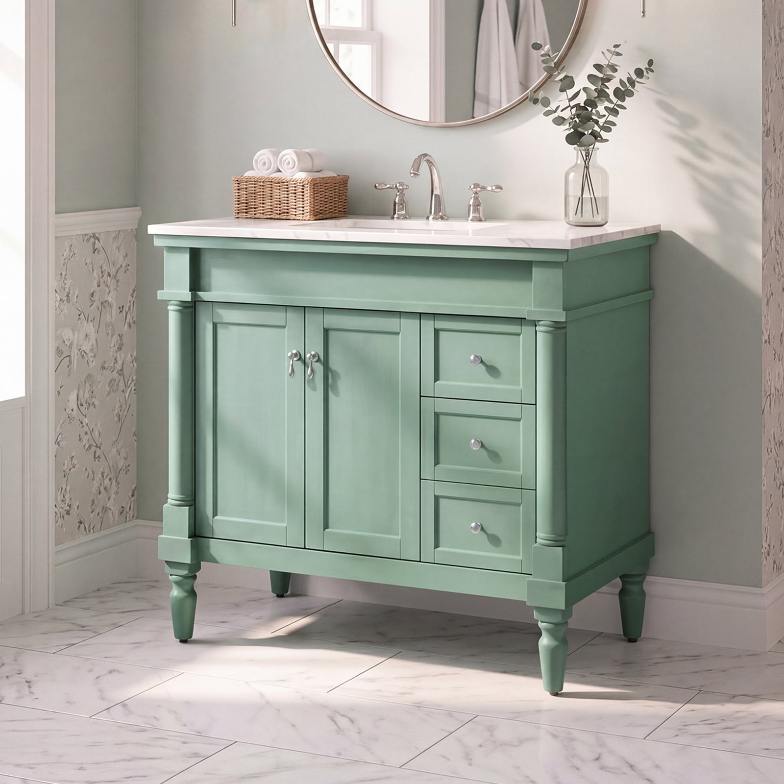 36 Inch Single Bathroom Vanity In Vintage Mint With Ivory White Marble Vintage Mint Finish - KITCHEN & BATH by Joshua Marshal