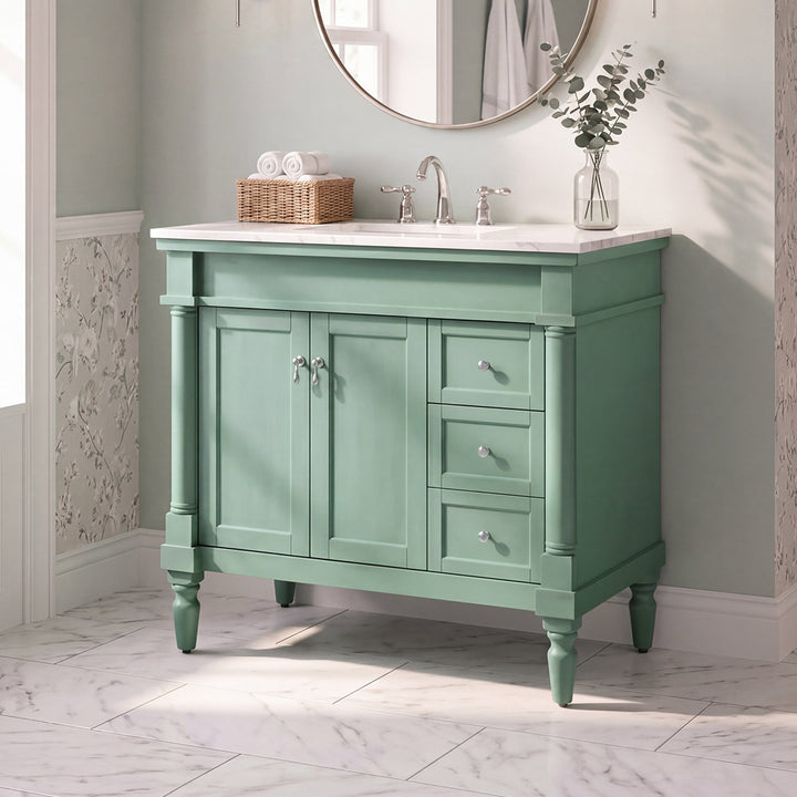 36 Inch Single Bathroom Vanity In Vintage Mint With Ivory White Marble Vintage Mint Finish - KITCHEN & BATH by Joshua Marshal