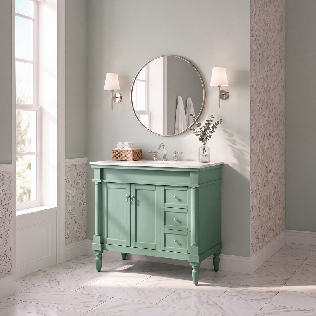 36 Inch Single Bathroom Vanity In Vintage Mint With Ivory White Marble - View 2 - Joshua Marshal