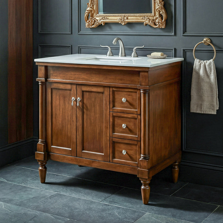 36 Inch Single Bathroom Vanity In Walnut With Ivory White Marble Walnut Finish - KITCHEN & BATH by Joshua Marshal