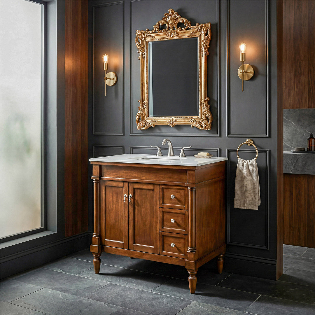 36 Inch Single Bathroom Vanity In Walnut With Ivory White Marble - View 2 - Joshua Marshal