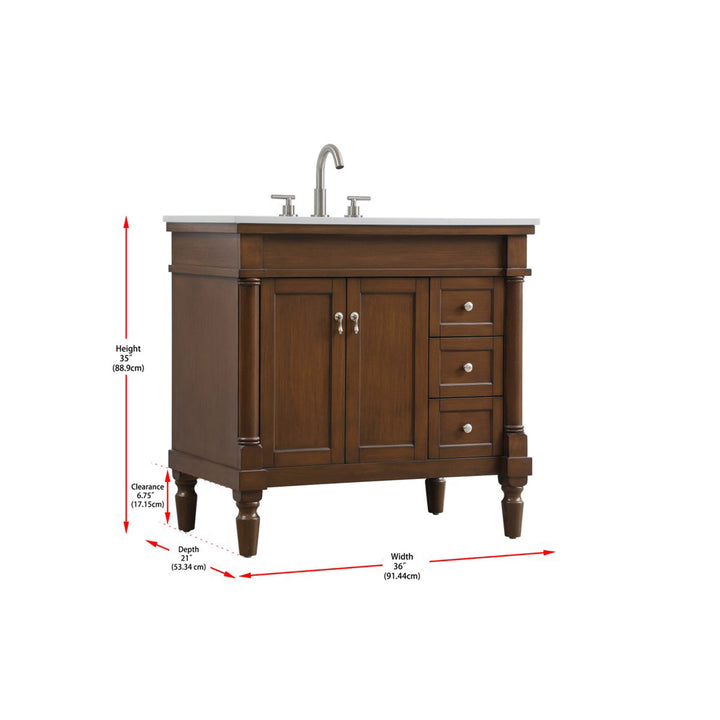 36 Inch Single Bathroom Vanity In Walnut With Ivory White Marble - View 4 - Joshua Marshal