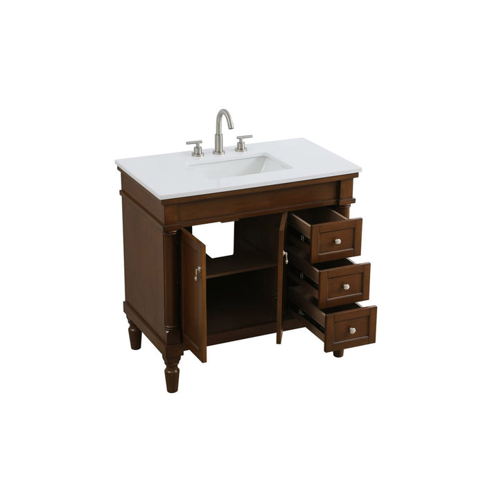 36 Inch Single Bathroom Vanity In Walnut With Ivory White Marble - View 5 - Joshua Marshal