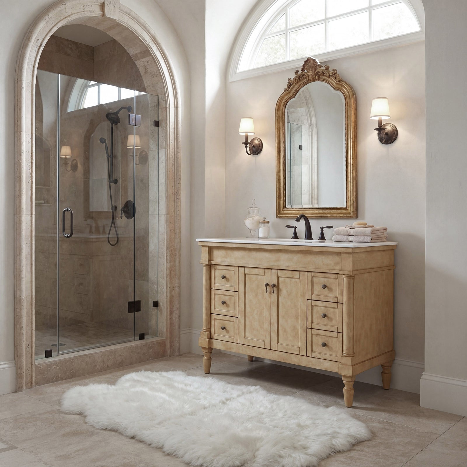 42 Inch Single Bathroom Vanity In Antique Beige With Ivory White Marble - View 2 - Joshua Marshal