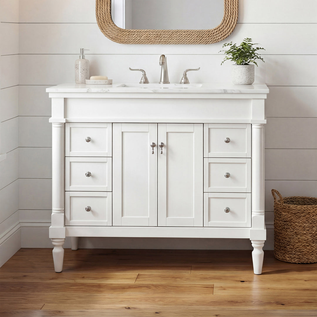 42 Inch Single Bathroom Vanity In Antique White With Ivory White Marble Antique White Finish - KITCHEN & BATH by Joshua Marshal