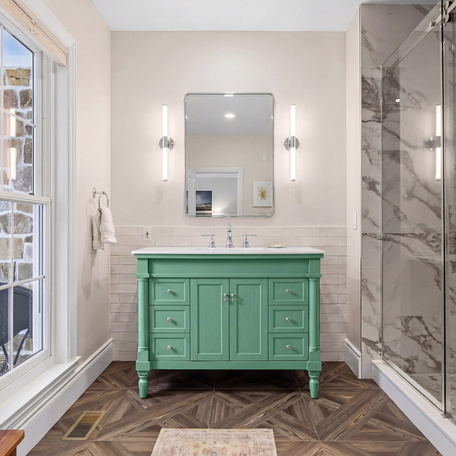 42 Inch Single Bathroom Vanity In Vintage Mint With Ivory White Marble - View 2 - Joshua Marshal
