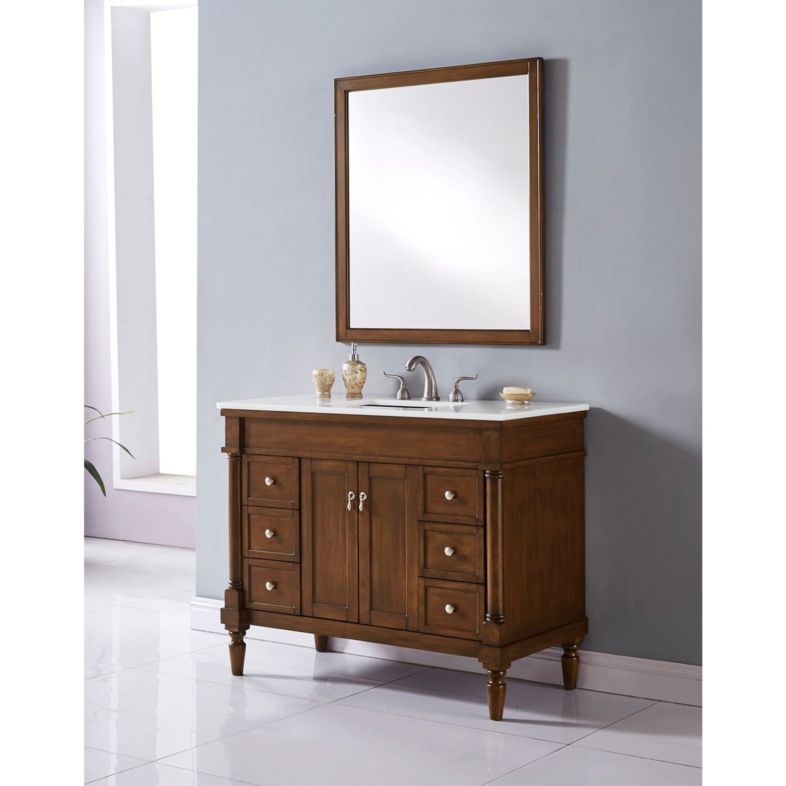 42 Inch Single Bathroom Vanity In Walnut With Ivory White Marble - View 2 - Joshua Marshal