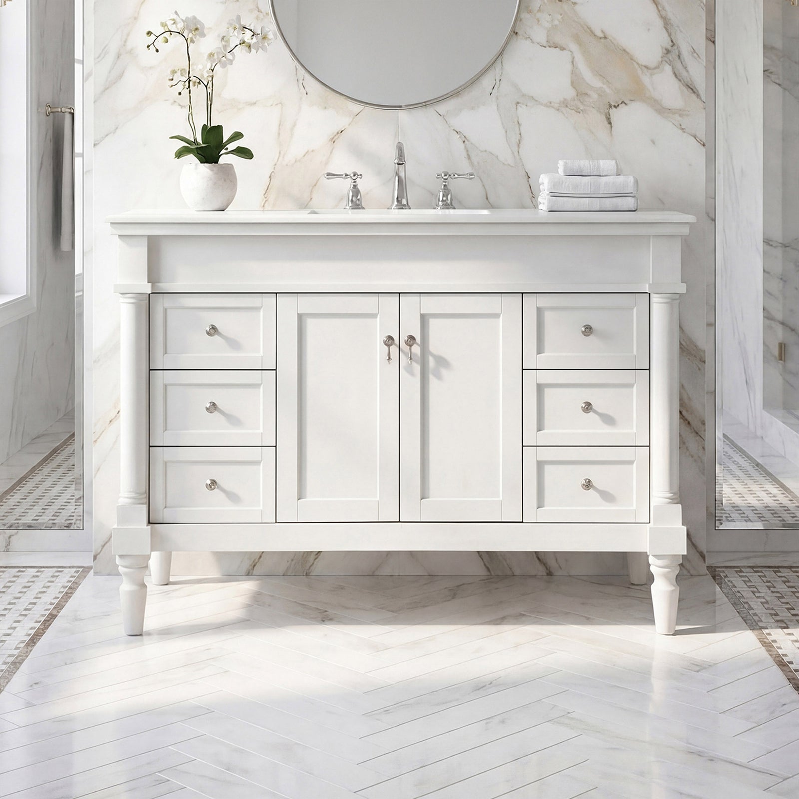 48 Inch Single Bathroom Vanity In Antique White With Ivory White Marble Antique White Finish - KITCHEN & BATH by Joshua Marshal