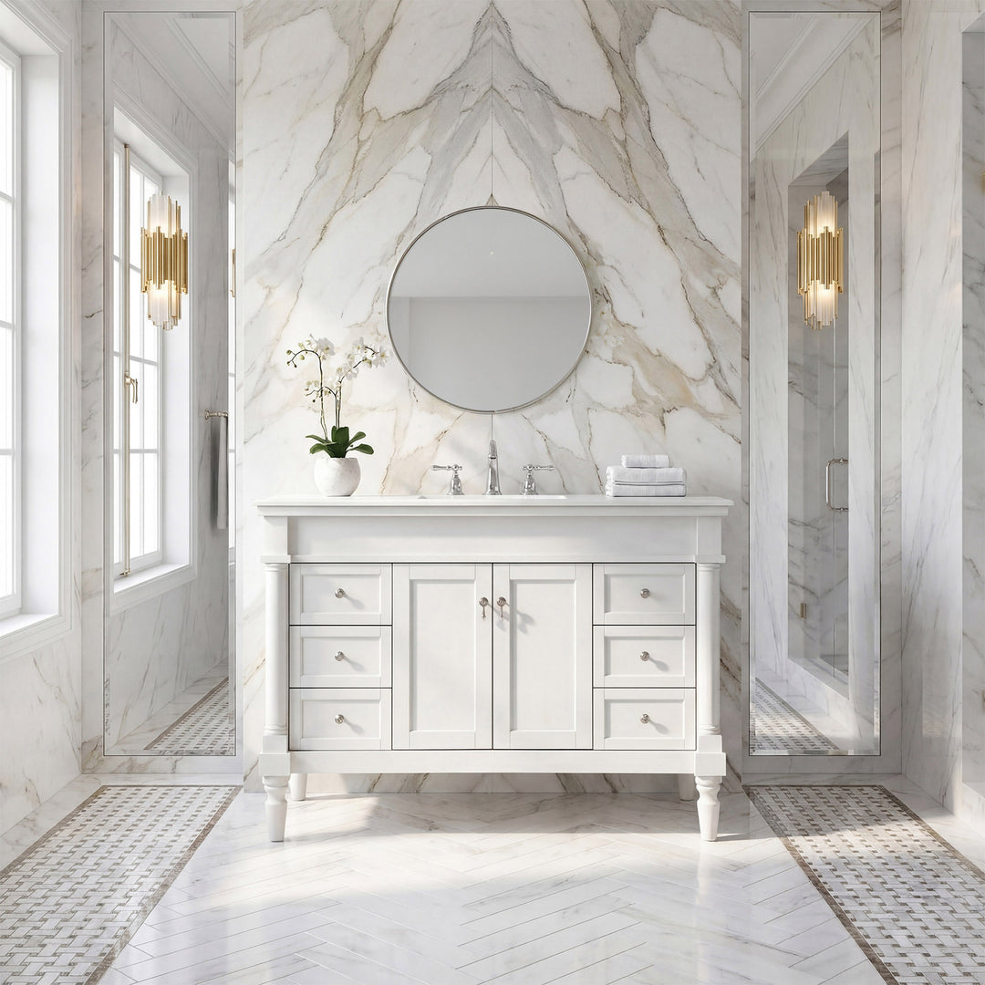 48 Inch Single Bathroom Vanity In Antique White With Ivory White Marble - View 2 - Joshua Marshal