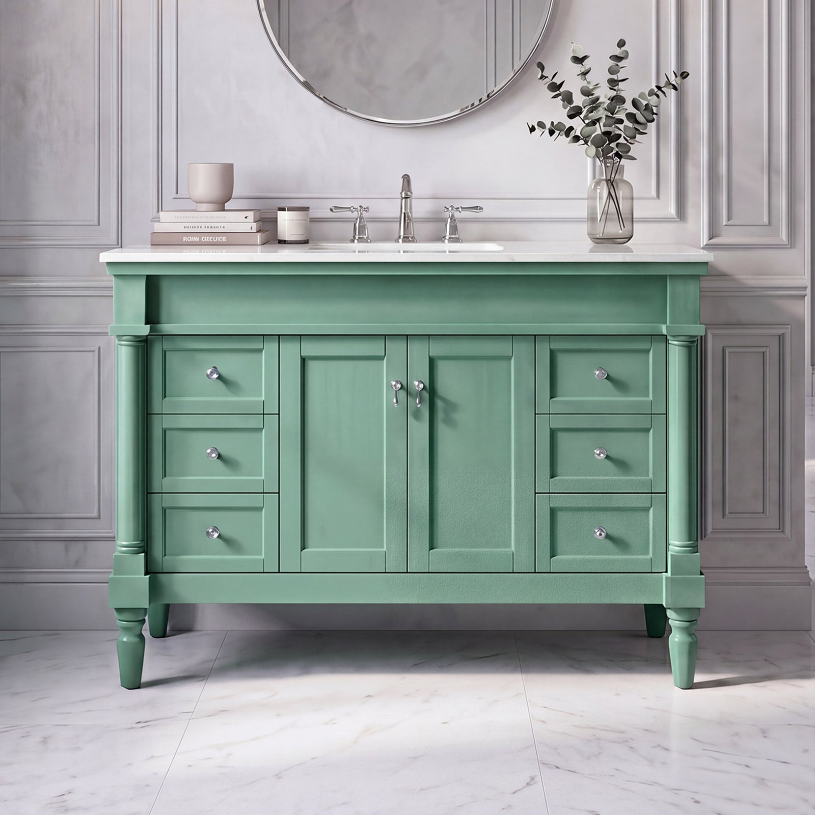 48 Inch Single Bathroom Vanity In Vintage Mint With Ivory White Marble Vintage Mint Finish - KITCHEN & BATH by Joshua Marshal