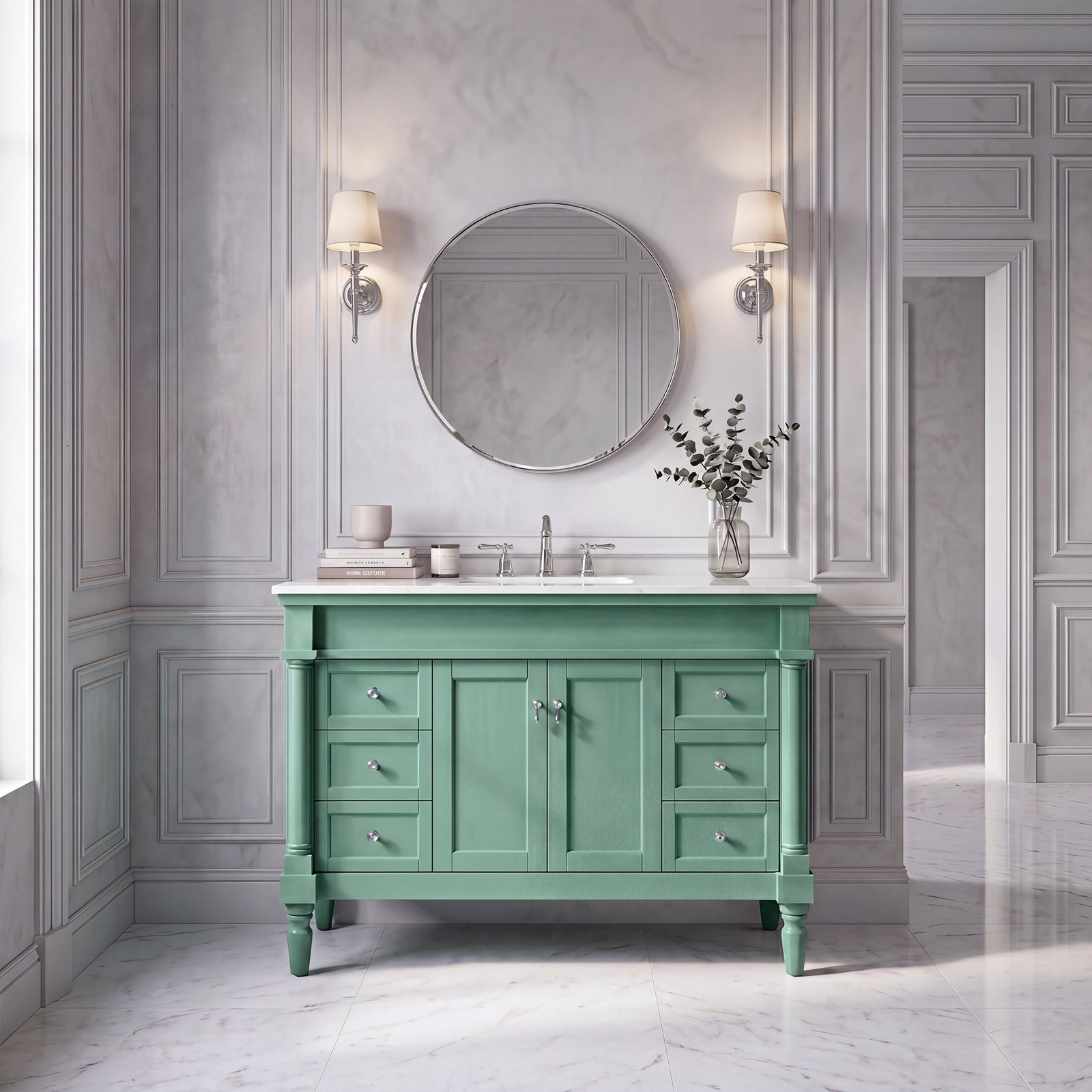 48 Inch Single Bathroom Vanity In Vintage Mint With Ivory White Marble - View 2 - Joshua Marshal