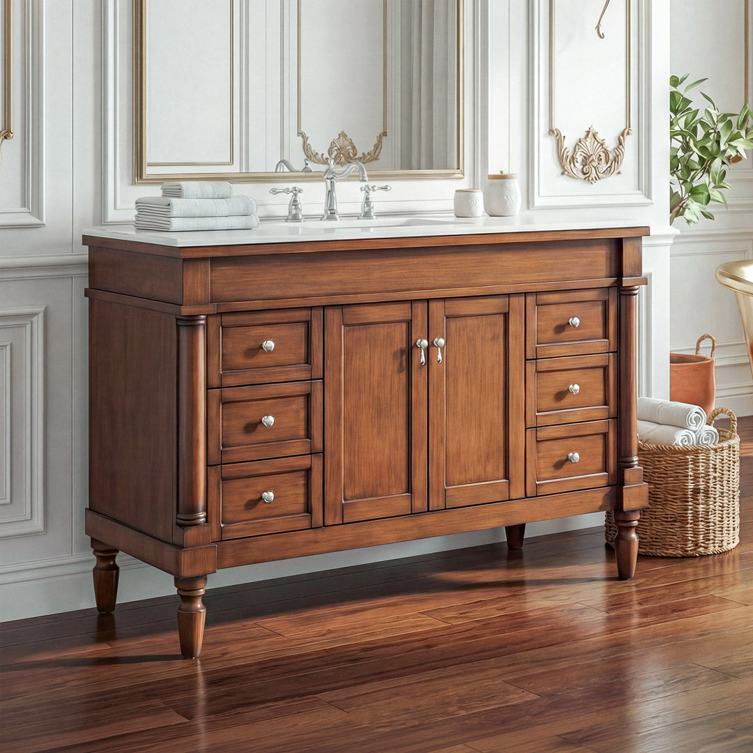 48 Inch Single Bathroom Vanity In Walnut With Ivory White Marble Walnut Finish - KITCHEN & BATH by Joshua Marshal