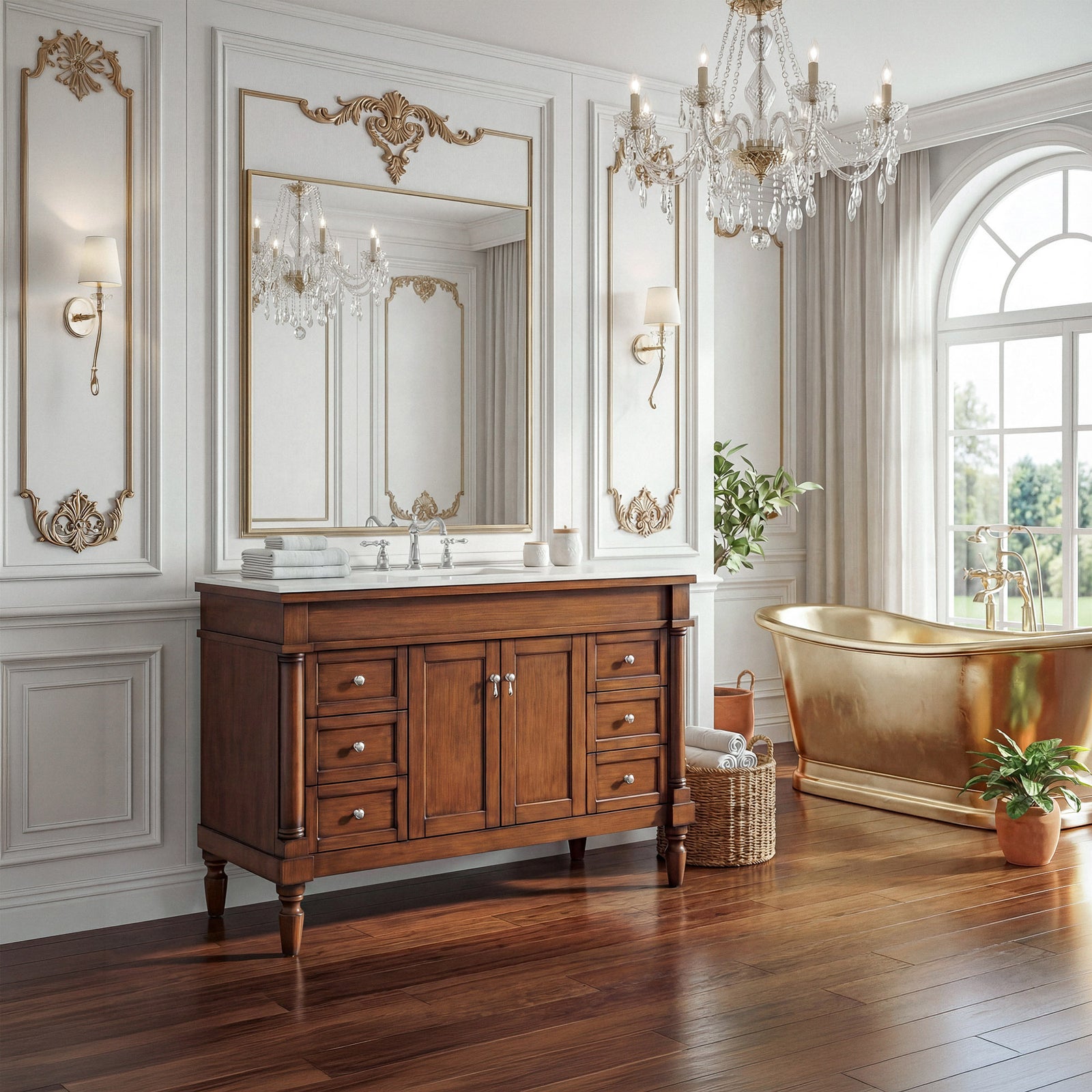 48 Inch Single Bathroom Vanity In Walnut With Ivory White Marble - View 2 - Joshua Marshal