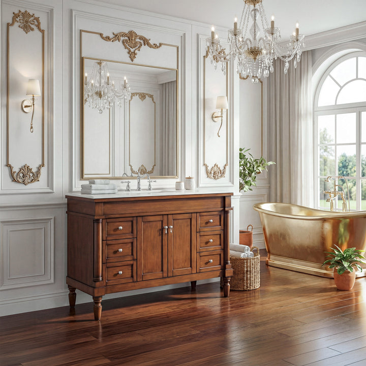 48 Inch Single Bathroom Vanity In Walnut With Ivory White Marble - View 2 - Joshua Marshal