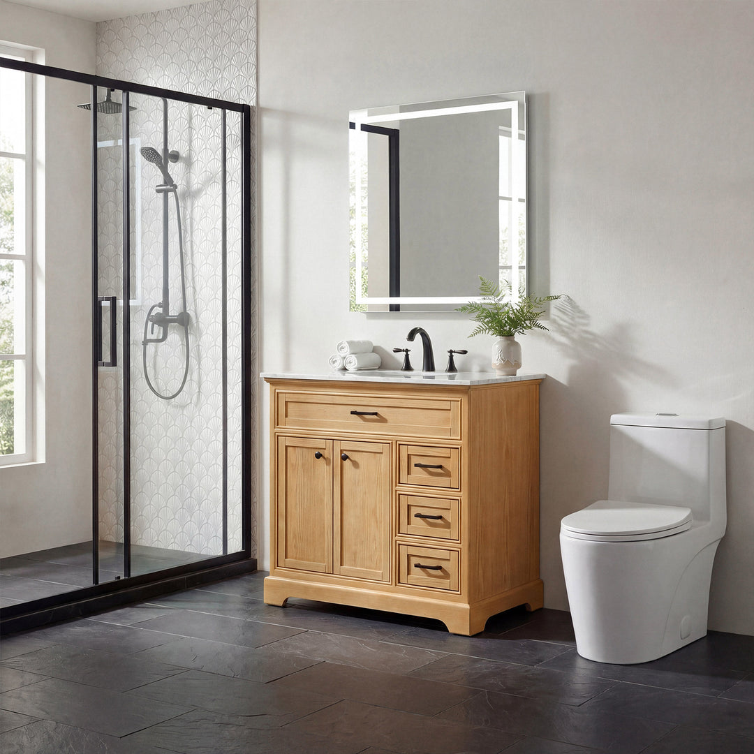 36 Inch Single Bathroom Vanity In Natural Wood - View 2 - Joshua Marshal