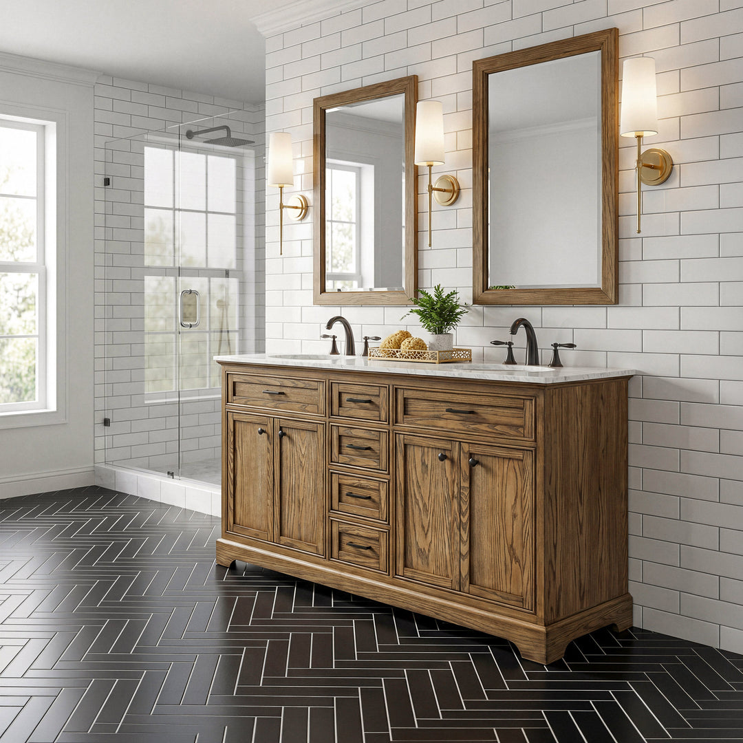 60 Inch Double Bathroom Vanity In Driftwood - View 2 - Joshua Marshal