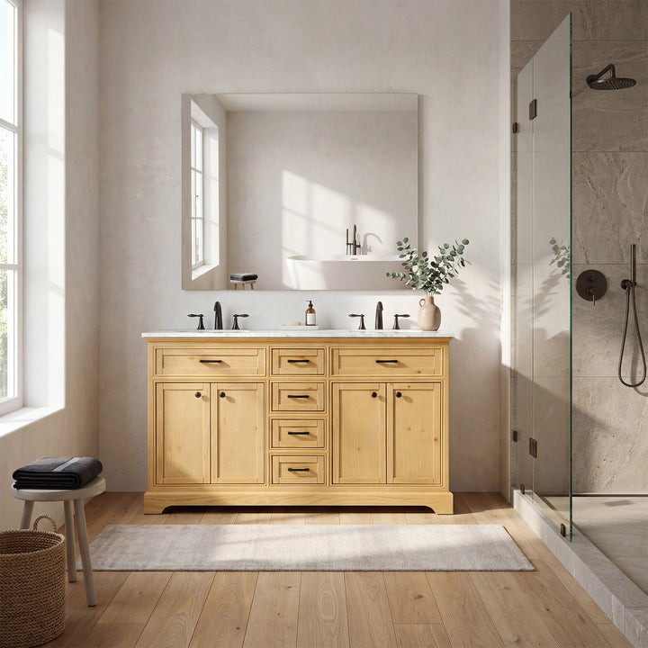60 Inch Double Bathroom Vanity In Natural Wood - View 2 - Joshua Marshal