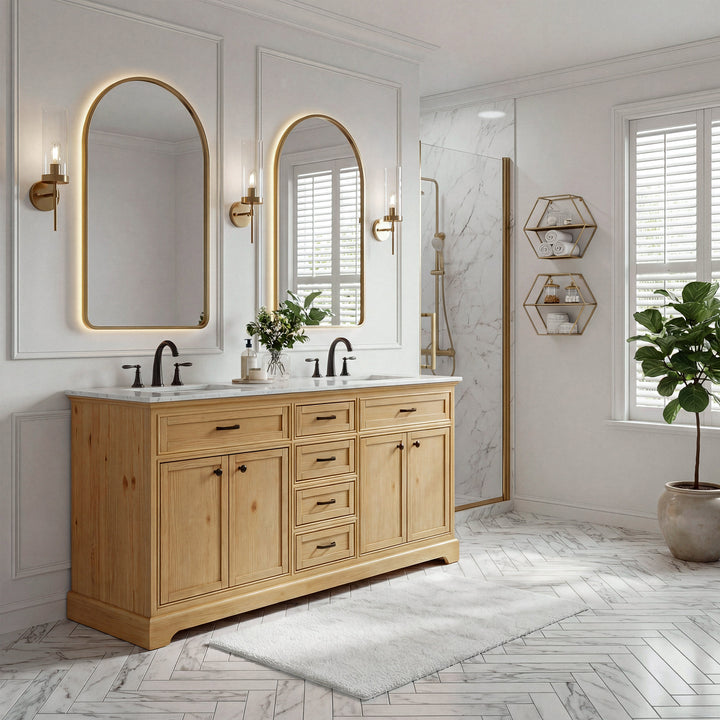 72 Inch Double Bathroom Vanity In Natural Wood - View 2 - Joshua Marshal