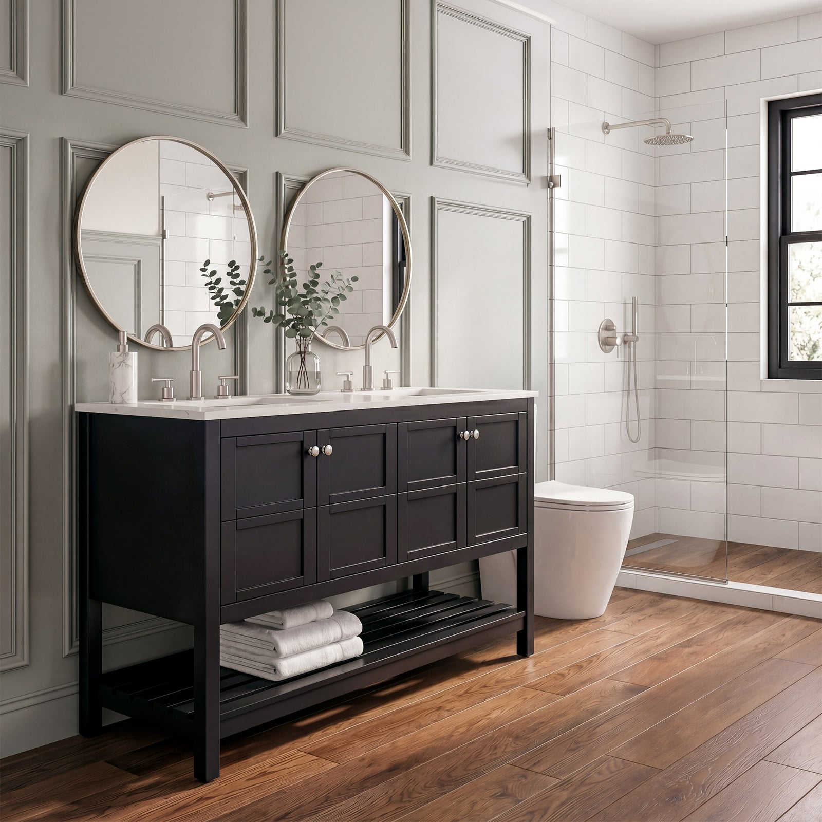 54 Inch Double Bathroom Vanity In Black - View 2 - Joshua Marshal