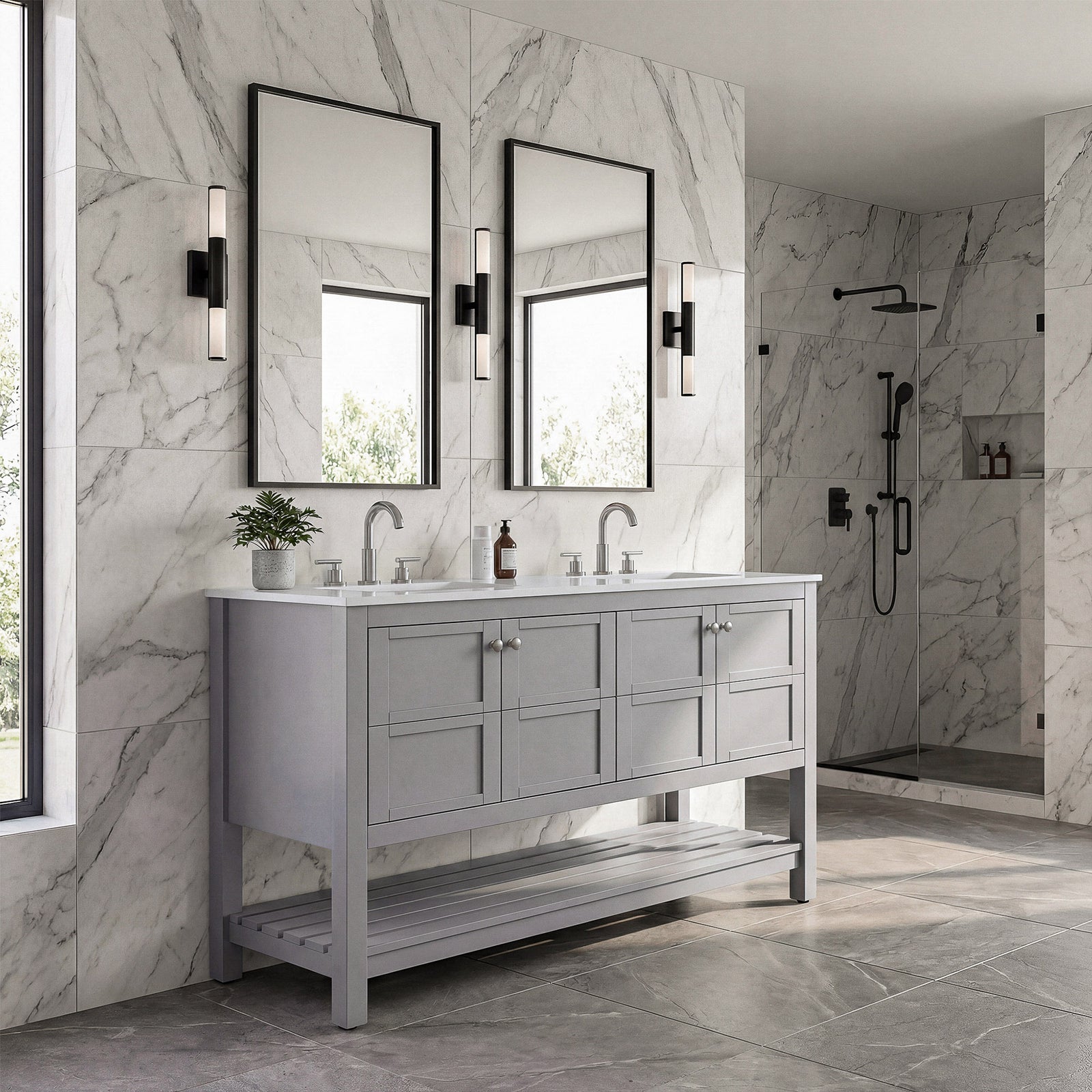 54 Inch Double Bathroom Vanity In Grey - View 2 - Joshua Marshal