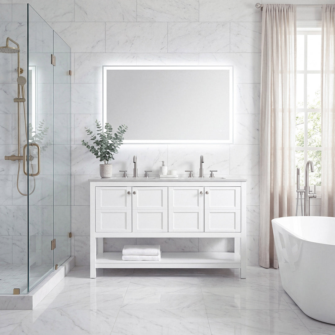54 Inch Double Bathroom Vanity In White - View 2 - Joshua Marshal