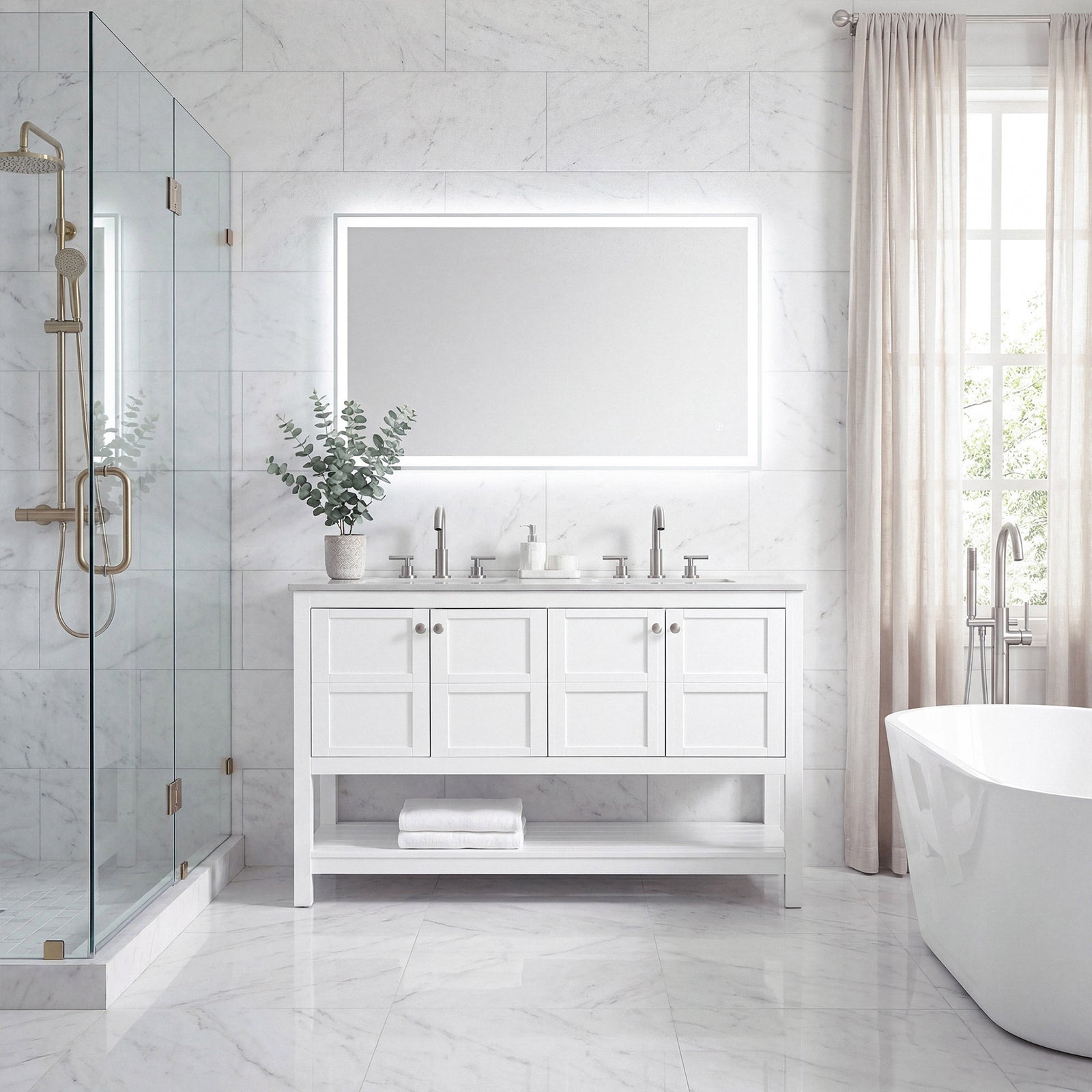 54 Inch Double Bathroom Vanity In White - View 2 - Joshua Marshal