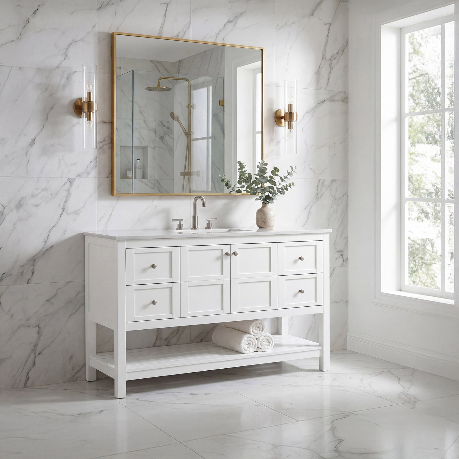54 Inch Single Bathroom Vanity In White - View 2 - Joshua Marshal