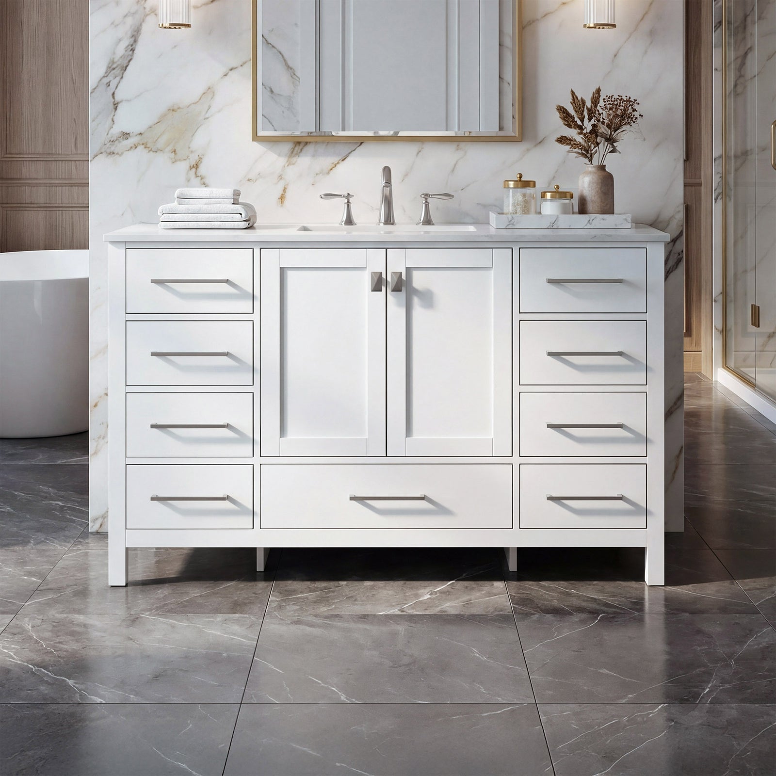 54 Inch Single Bathroom Vanity In White White Finish - KITCHEN & BATH by Joshua Marshal