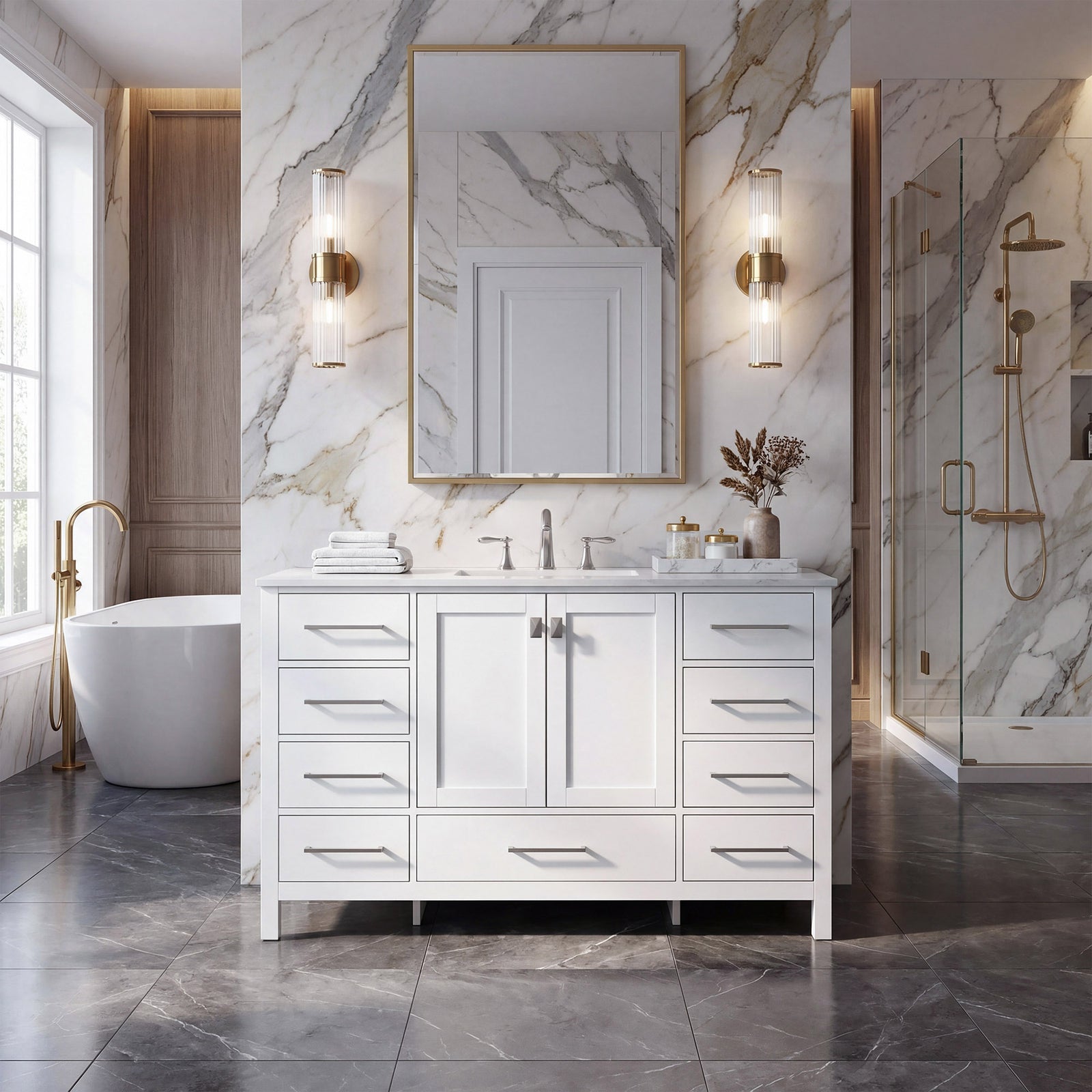 54 Inch Single Bathroom Vanity In White - View 2 - Joshua Marshal