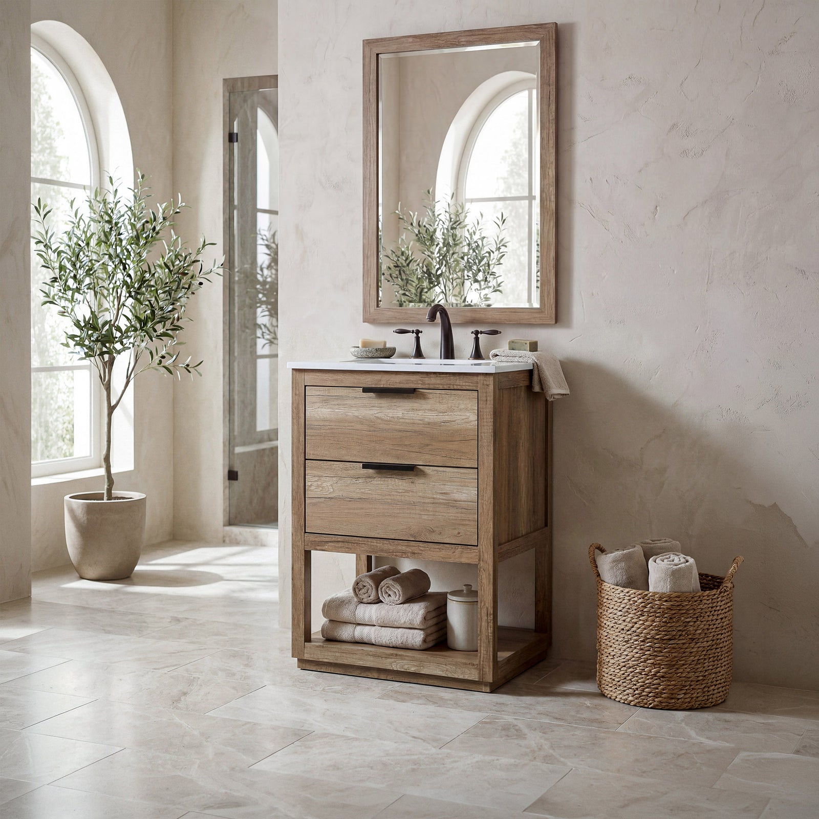 24 Inch Single Bathroom Vanity In Natural Oak - View 2 - Joshua Marshal