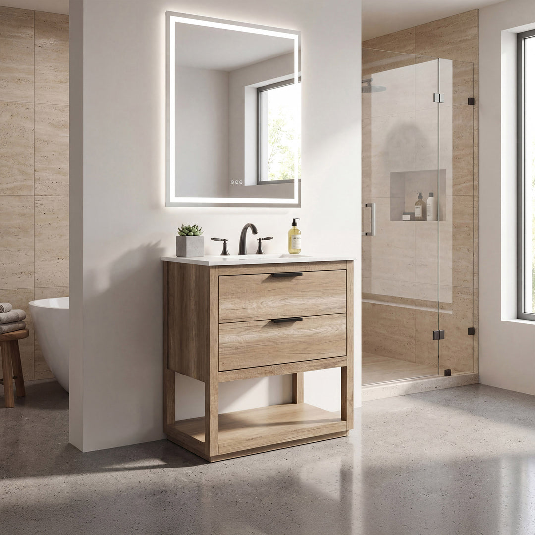 30 Inch Single Bathroom Vanity In Natural Oak - View 2 - Joshua Marshal
