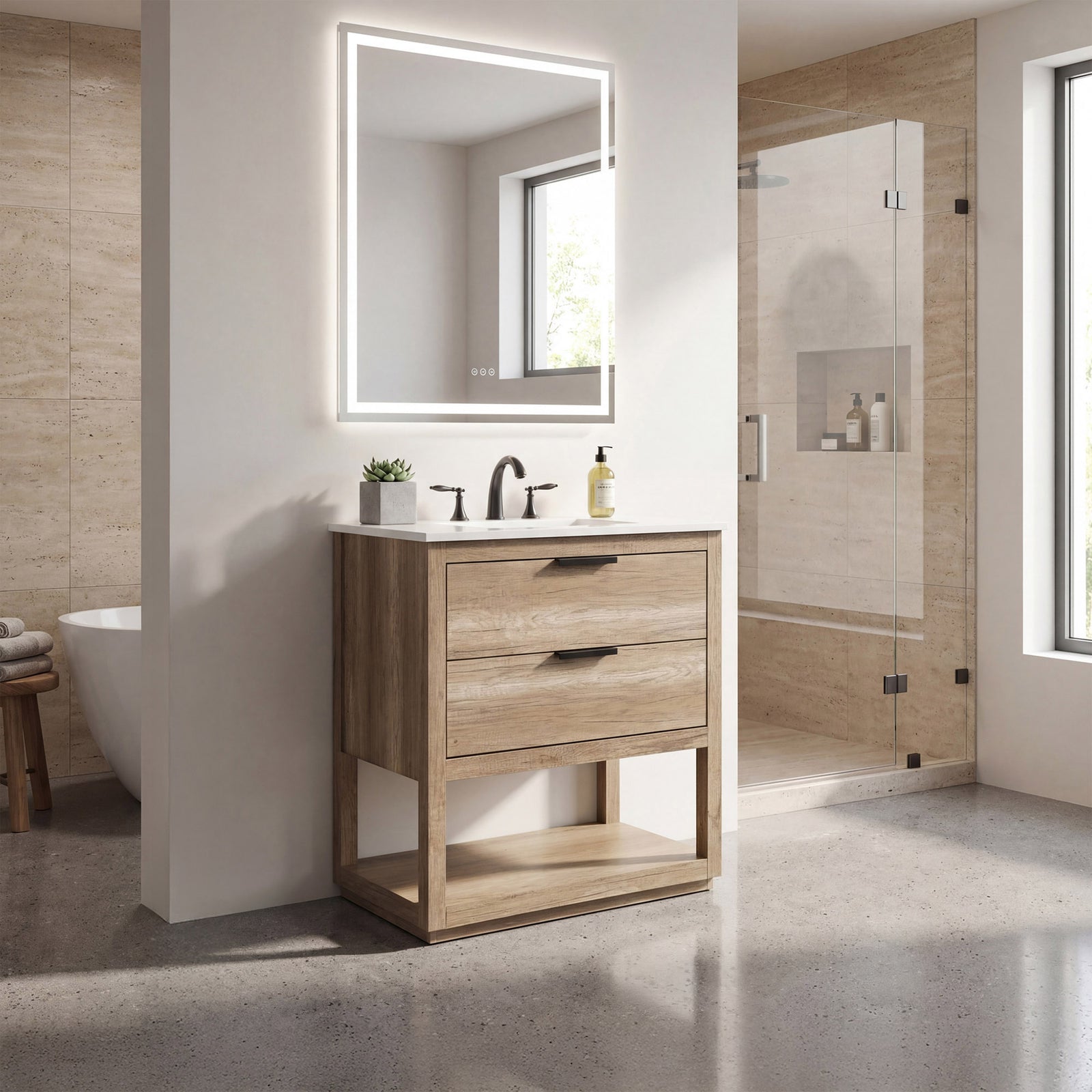 30 Inch Single Bathroom Vanity In Natural Oak - View 2 - Joshua Marshal