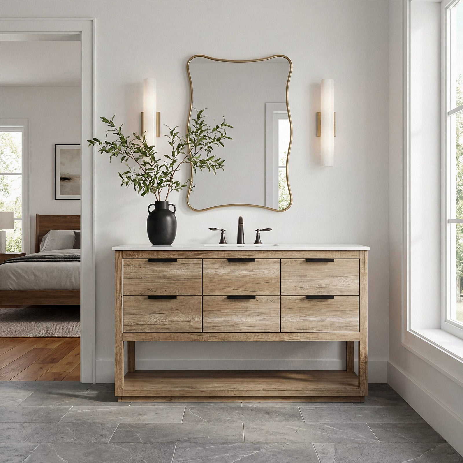 54 Inch Single Bathroom Vanity In Natural Oak - View 2 - Joshua Marshal