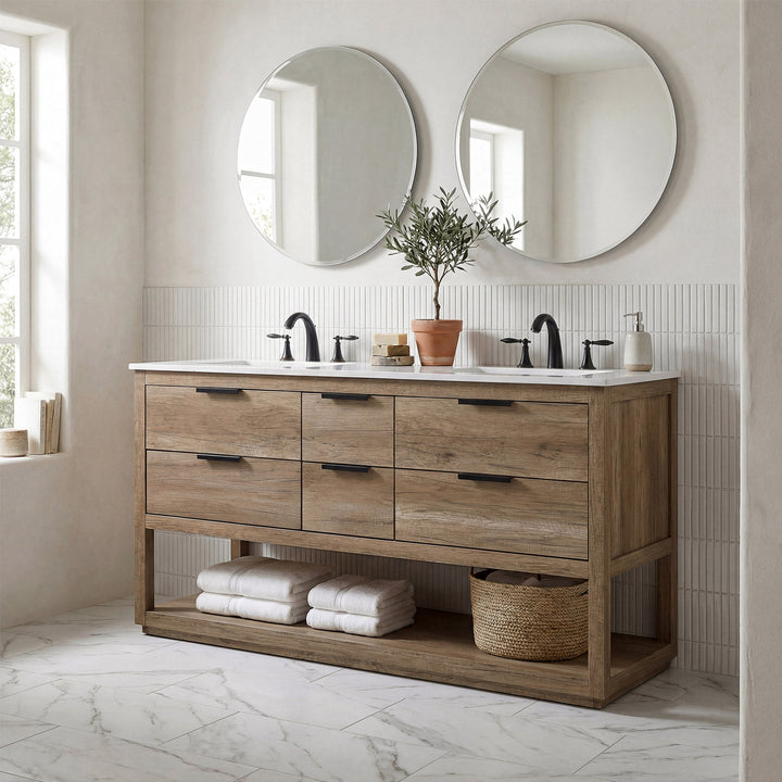 60 Inch Double Bathroom Vanity In Natural Oak - View 2 - Joshua Marshal