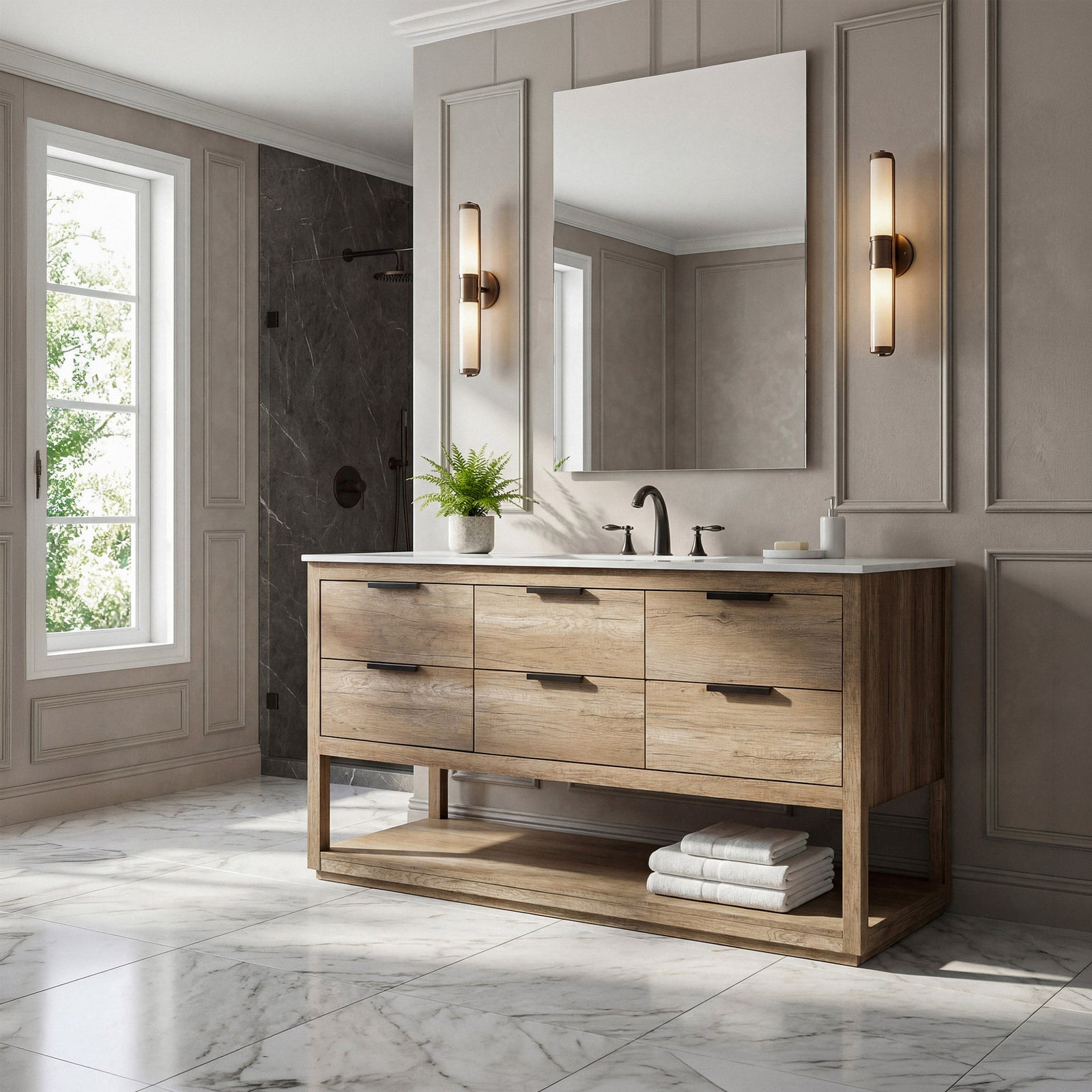 60 Inch Single Bathroom Vanity In Natural Oak - View 2 - Joshua Marshal