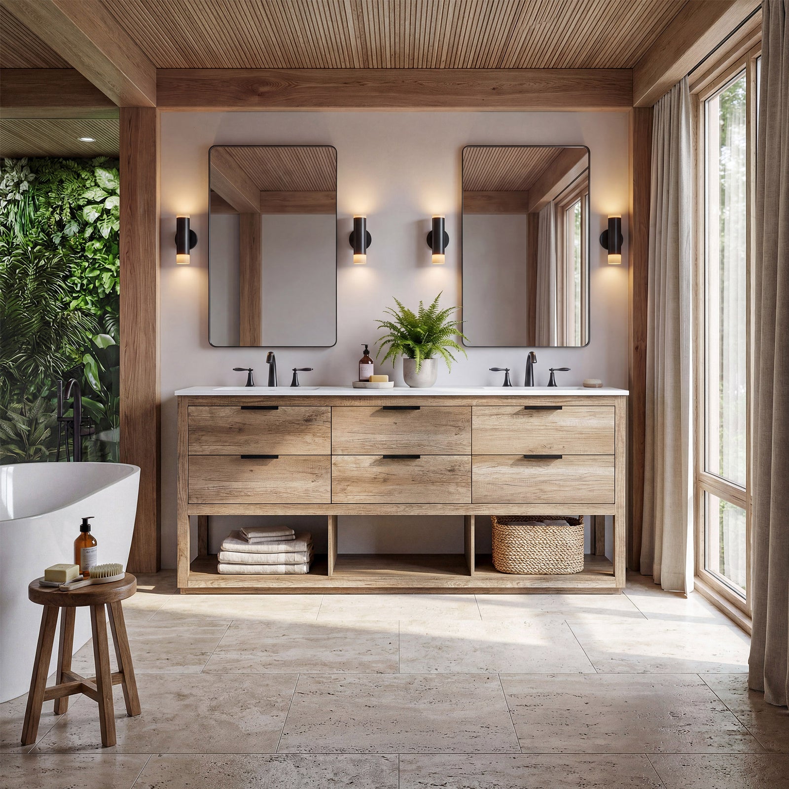 72 Inch Double Bathroom Vanity In Natural Oak - View 2 - Joshua Marshal